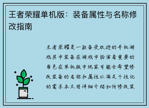 王者荣耀单机版：装备属性与名称修改指南