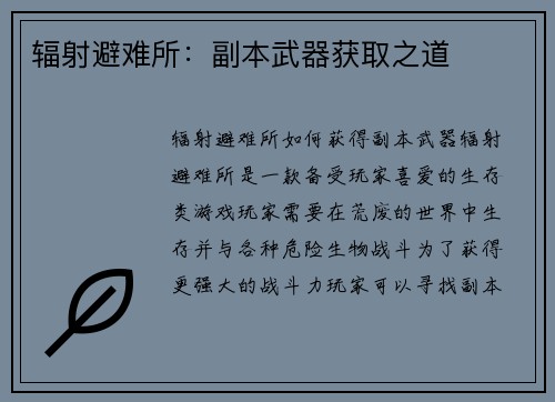 辐射避难所：副本武器获取之道